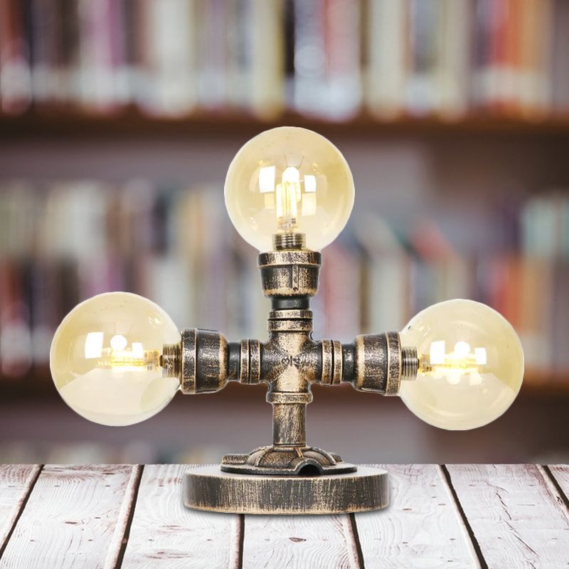 Lampada da scrivania industriale con paralume rotondo Illuminazione da lavoro in vetro trasparente/ambrato a 2/3 lampadine in argento antico/bronzo con base