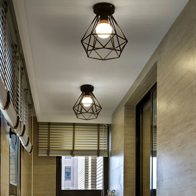 Black Caged Semi Flush Ceiling Light Industrial Iron 1-Light Corridor Flush Mount Light