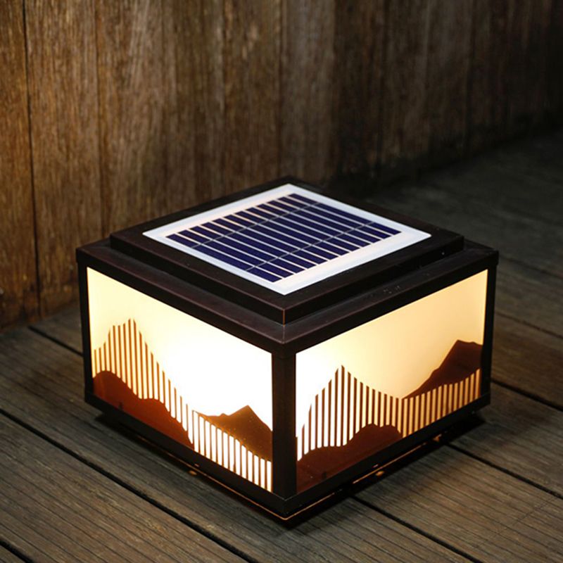 Rectangle Shape Metal Outdoor Light Modern 1 Light Solar Pillar Lamp in Brown