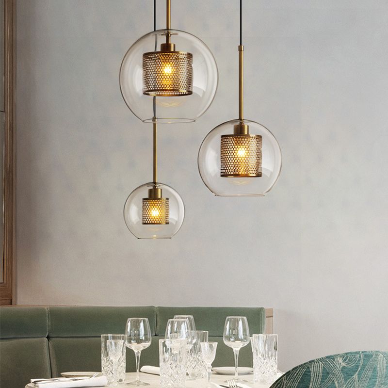 Clear Glass Orb Pendant Lighting Modernity 1 Head Hanging Ceiling Light with Inside Mesh Cage