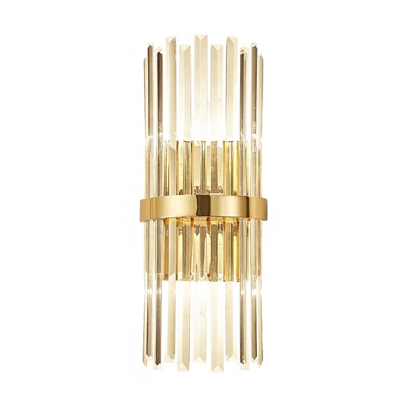 Cylinder Wall Mounted Lamp Contemporary Style Clear Crystal 2 Bulbs Golden Wall Lighting for Living Room