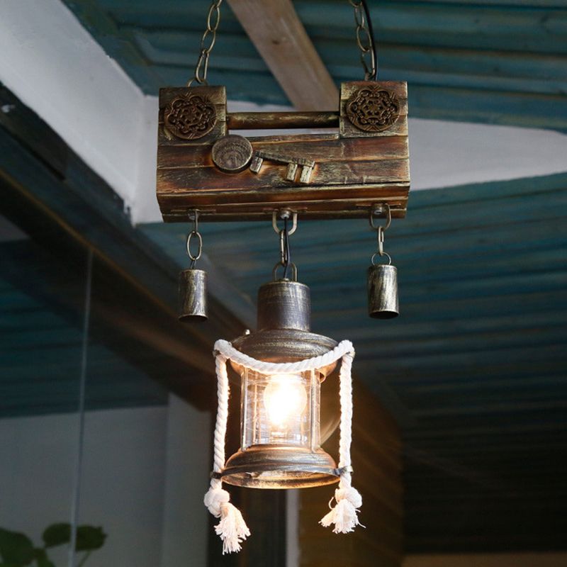 Metal Lantern Pendant Light Nautical Single Light Indoor Hanging Light Fixture with Rope in Brass