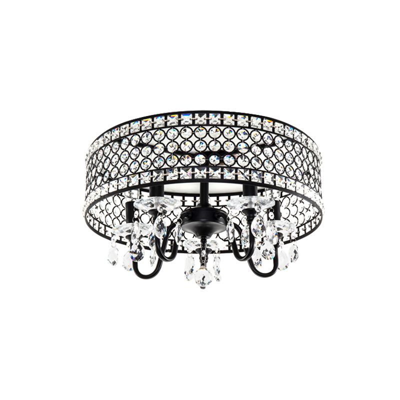 Lumo a filo in metallo a filo in metallo moderno 4 lampadine nere lampada semifulta con tonalità incorporata in cristallo tamburo