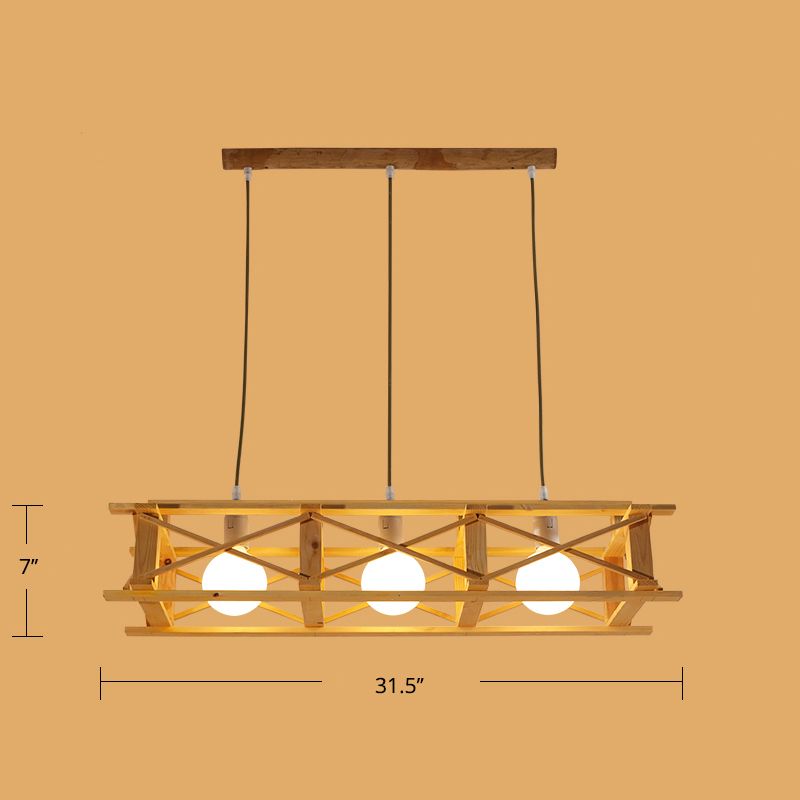 Rectangular Cage Island Lamp Contemporary Wooden Restaurant Hanging Light in Beige