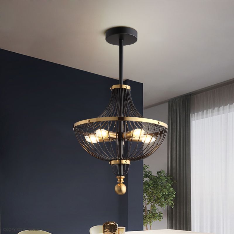 5 Lights Iron Ceiling Chandelier Vintage Black Finish Basket Cage Dining Room Hanging Light Kit