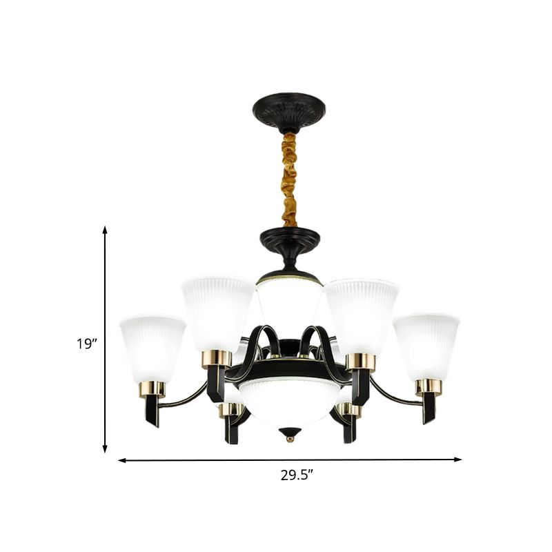 6/8 têtes Conical Chandelier Light Traditional Black Opal Verre suspendue suspendue avec bras incurvé