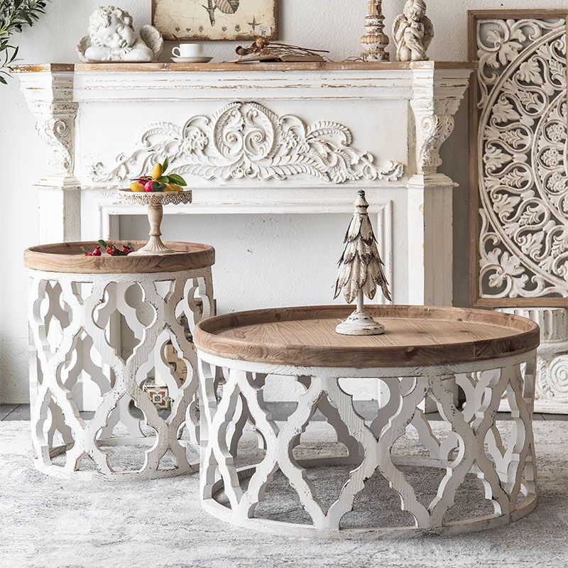 Drum Shaped Coffee Table French Country Distressed Wood Cocktail Table