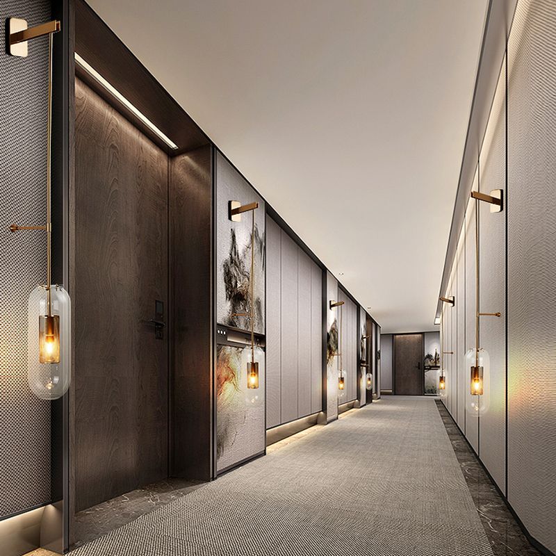 Moderno gambo in metallo applione da parete sospeso in vetro trasparente oblungo vetro a 1 bulbo sconde da parete