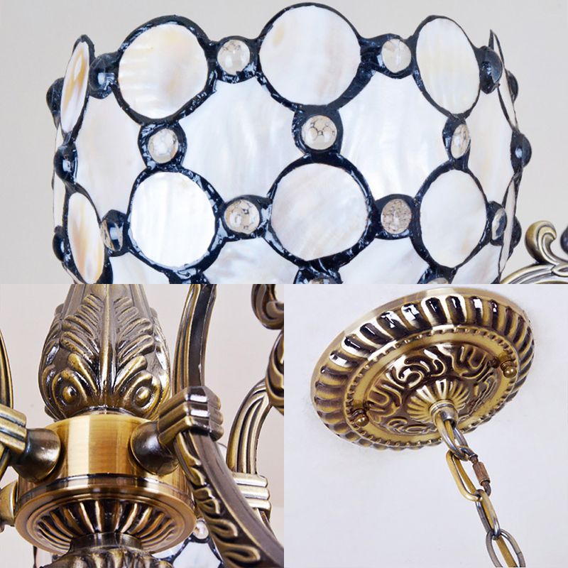Lodge Bowl-Shaped Hanging Pendant Stained Glass 5 Lights Chandelier with Chain in White