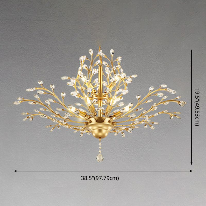 Country Style Foliage Chandelier Metal Suspension Light with Crystal Decor in Gold