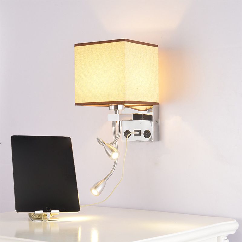 15.7" H Modern Simplicity Bedside LED Reading Lamp Square Fabric Shade Dual Spotlight Design Sconce Lights in Bedroom