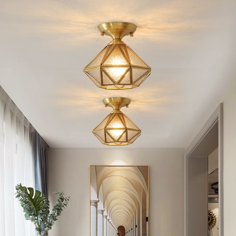 Brass Geometric Ceiling Light in Colonial Style Glass 1-Light Flush Mount