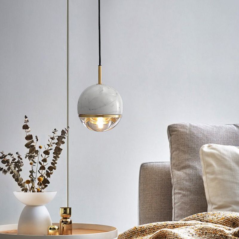 Modern Style Spherical Hanging Light All Copper Marble 1 Light Pendant Lamp for Bedside