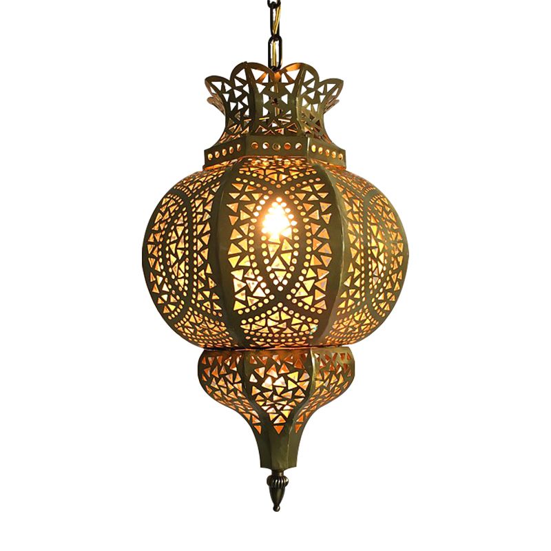 Brass 1-Bulb Hanging Lighting Vintage Metal Gourd Shade Ceiling Pendant Lamp with Hollow Out Design