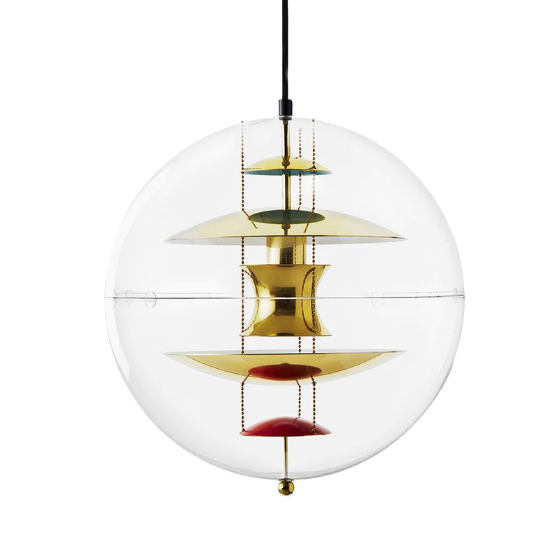 Clear Acrylic Ball Hanging Ceiling Light Modernist 1-Head Suspension Lamp with White/Gold/Silver Disc Deco Inside