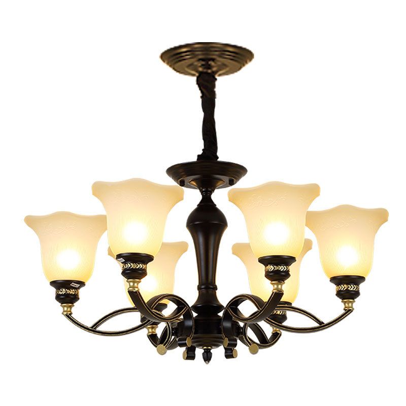 Éclairage de lustre en fleur traditionnel 3/6/8 têtes White Grosted Glass Plafond Lampe Fixture en noir pour le salon