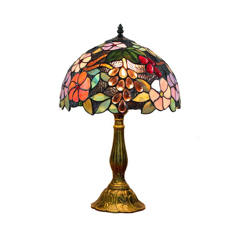 Bowl Table Light Tiffany Stained Art Glass Single Antique Brass Nightstand Lamp with Flower and Grape Pattern