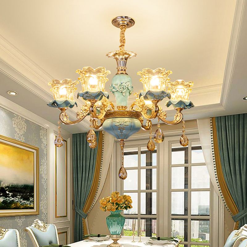 Handblown Glass Blue Chandelier Light Ruffle Flower Retro Pendant Light with Crystal Draping