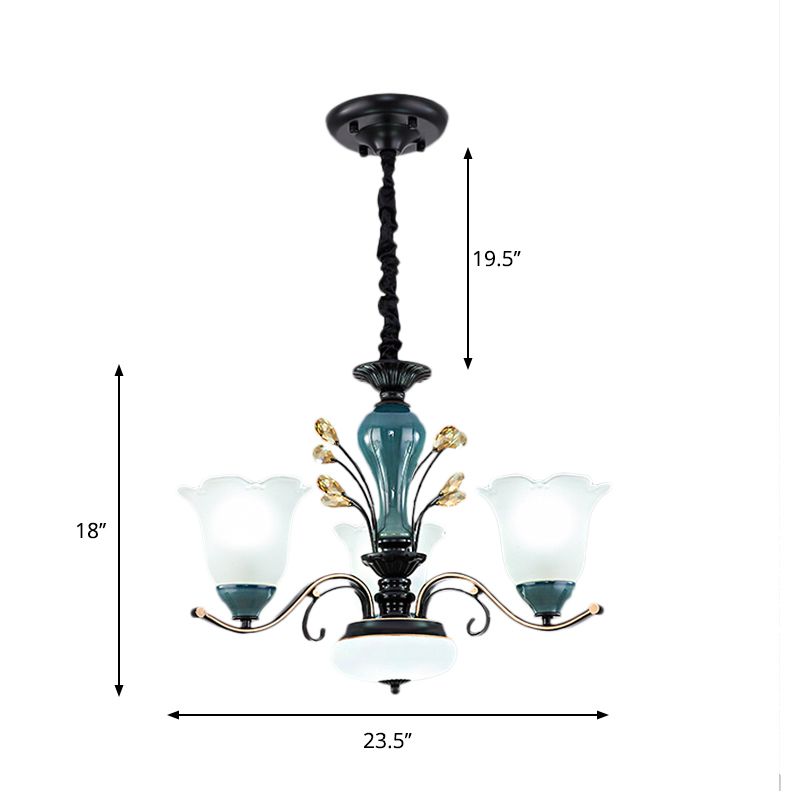 Flower Shade Suspension Lamp Countryside 3/6/8-Head Milky Glass Pendant Chandelier in Green
