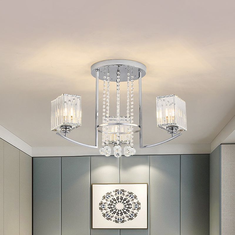 Quader Great Room halb Flush Kristall klares Kristall 3 Lichter moderne Deckenlampe mit Strängen -Deco in Chrom