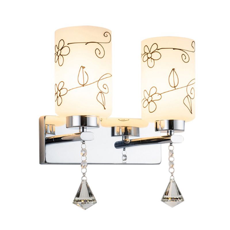 Lampe applique du cylindre en verre blanc moderne 2 ampoules Éclairage mural en chrome avec motif de fleur