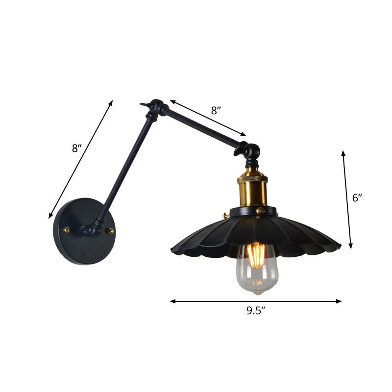 Loft Style Scalloped Wall Lamp 1 Head Iron Wall Mounted Light with Adjustable Arm in Black, 8"+8"/12"+12" W