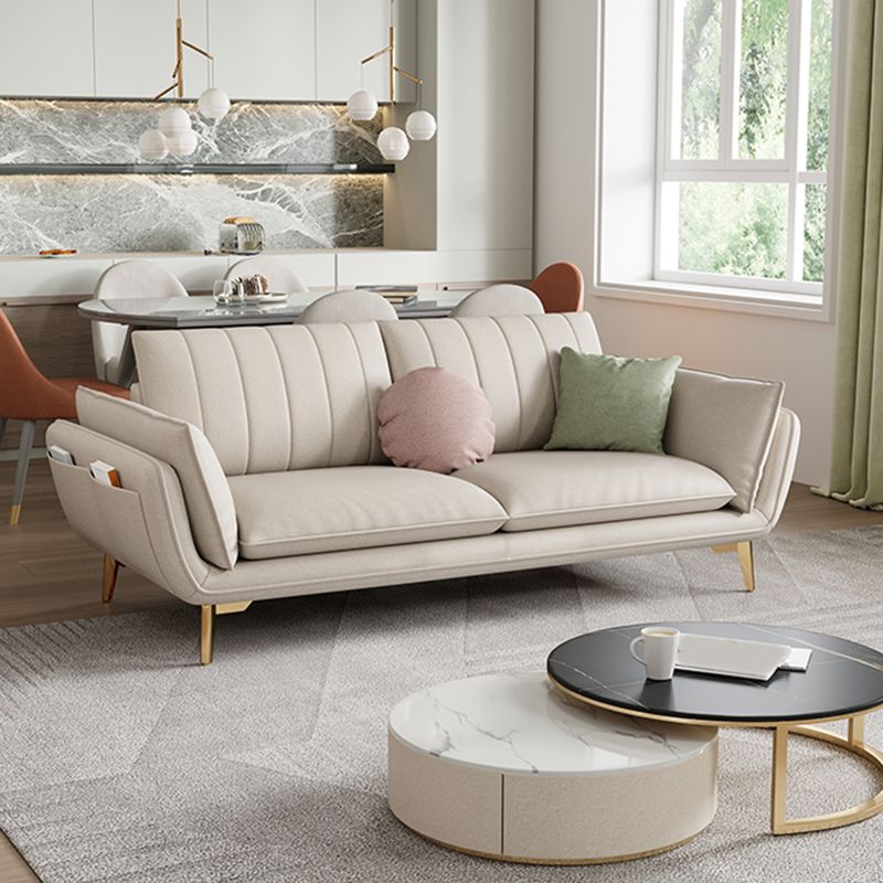 Scandinavian Faux Leather Sofa with Storage, Flared Arm Sofa with Pillows