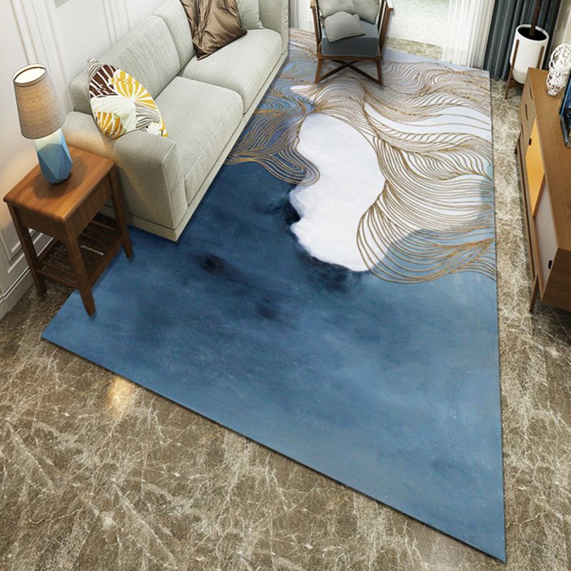 Washable Blue Area Rug Modernism Polyester Ink Painting with Curved Line Parlor Mats