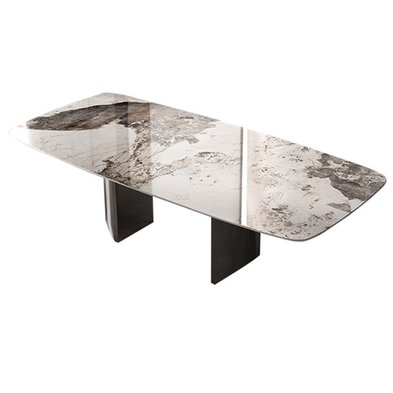 Industrial Double Pedestal Dining Table Rectangle Stone Top Dining Room Table