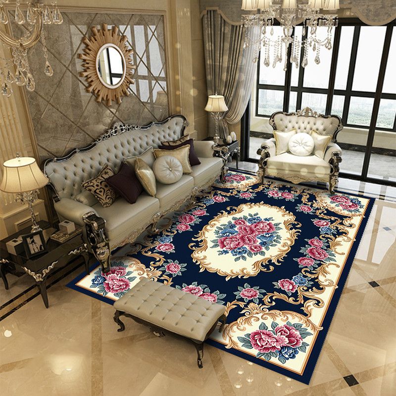 European Flower Pattern Carpet Polyester Area Rug Non-Slip Backing Area Rug for Living Room