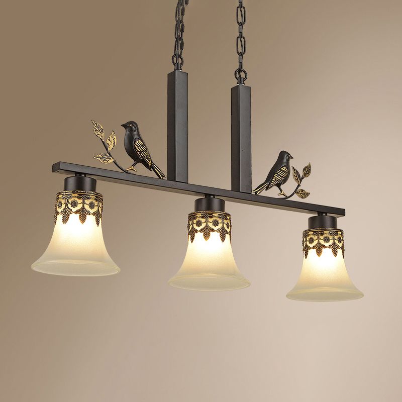 Opal Frosted Glass Flared Island Light Fixture Rustic 3-Light Dining Room Pendant with Bird Decoration in Black