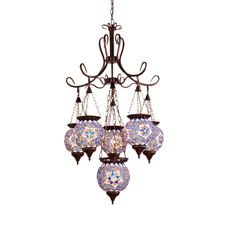 Hand Cut Glass Copper Chandelier Global 6-Light Turkish Pendant Ceiling Light for Dining Room
