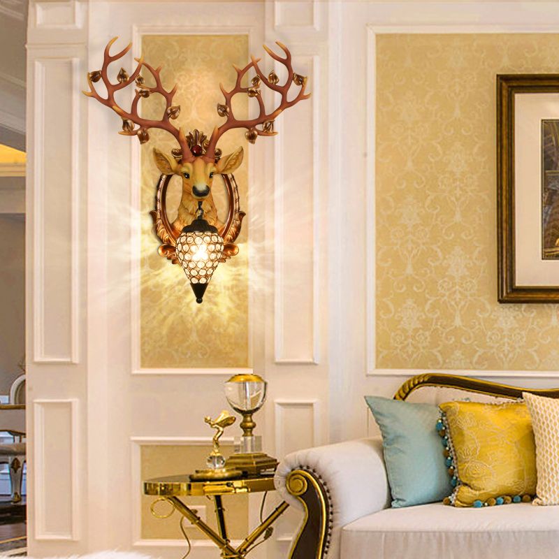 White/Brown Elk Wall Mount Light Country Style Resin 1 Light Wall Sconce with Crystal Shade for Living Room, 19.5"/23.5" W