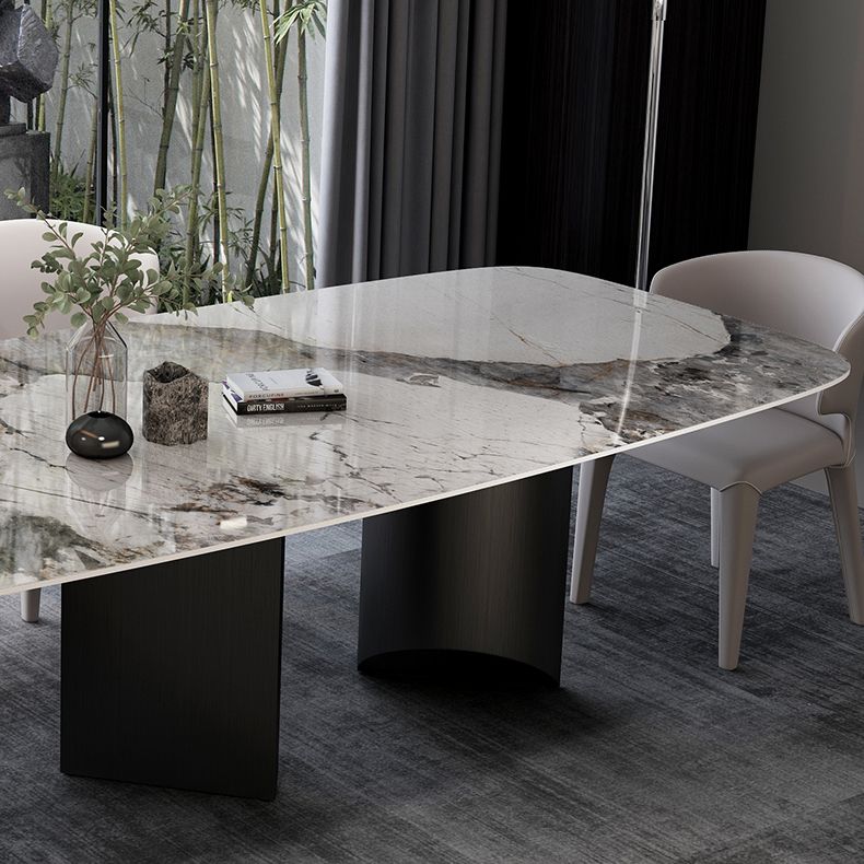 Modern Sintered Stone Table Set of 3/5 with Rectangle Table Dining Set with Black 3 Legs