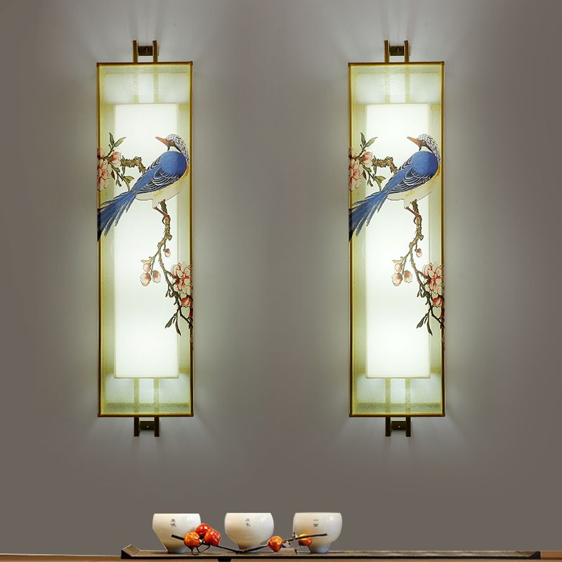 Gold Rectangle Bird and Branch Mural Lamp Chinese Style LED Fabric Wall Mounted Lighting