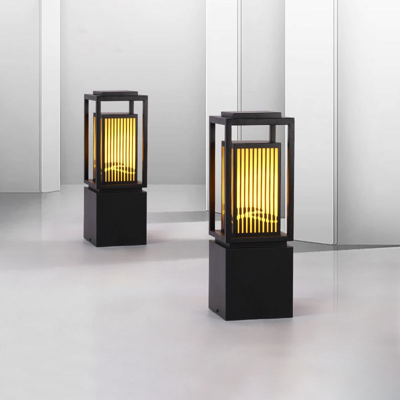 Modern Metal Solar Pillar Lamp Rectangle Shape Outdoor Waterproof Light in Black