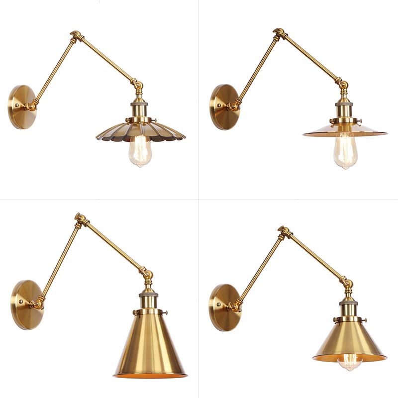 Iron Brass Task Wall Lighting Scalloped/Horn/Cone Single 6"/8" Wide Antique Wall Mounted Lamp with Swing Arm