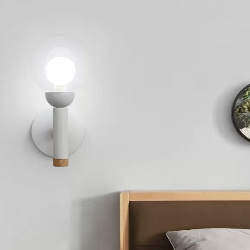 Armed Wall Lamp Modernism Metal 1 Bulb Sconce Light Fixture in White with Orb Clear Glass Shade
