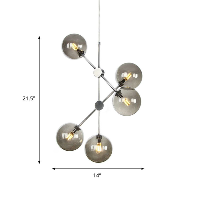 Smoke Glass Ball Pendant Chandelier Contemporary 5 Bulbs Hanging Ceiling Light for Bedroom