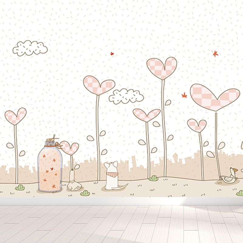 Pink Cartoon Wall Covering Mural Whole Heart-Shaped Plant Wall Art for Kids Bedroom