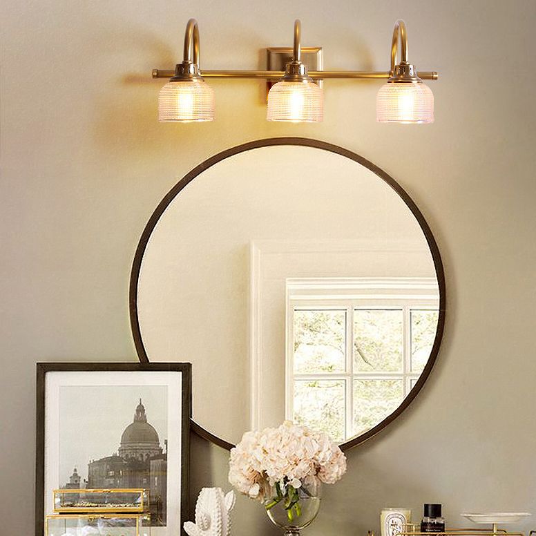 Brass Armed Vanity Light Fixture American Style Vanity Mirror Lights in Prismatic Glass Shade