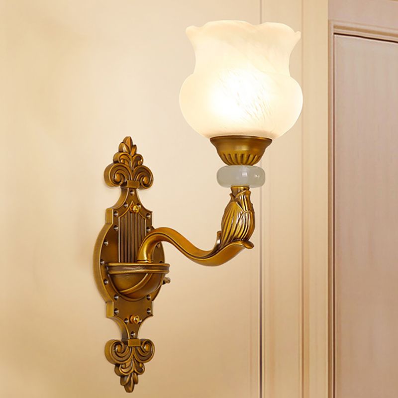 1/2-Bulb Floral Wall Light Fixture Classic Style Milk Glass Sconce Lamp with Brass Carved Backplate