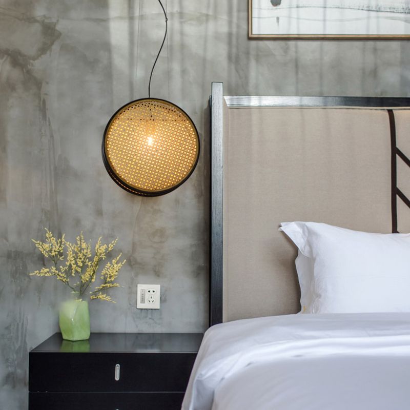 Beige Circle Hanging Ceiling Light Creative Asian 1-Light Rattan Drop Pendant for Bedroom