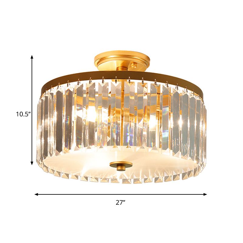 Crystal Drum Flush Mount Simplicity 3 Lights Dining Room Ceiling Lamp in Gold/Silver/Black