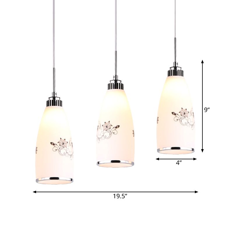 3-Bulb Cone Multiple Hanging Lamp Minimalism Black/Yellow/Blue Printing Glass Pendulum Lamp with Linear/Round Canopy