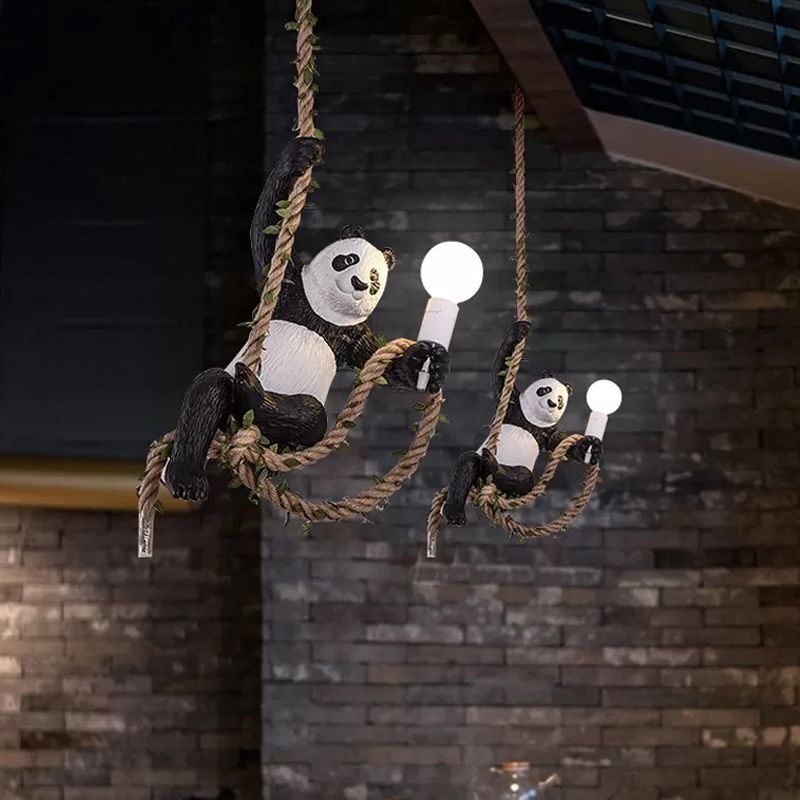 Lámpara colgante de panda blanca y negra Artística 1 bombilla Luz de techo de cuerda de cuerda para restaurante