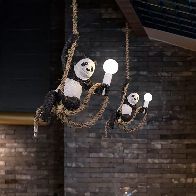 White and Black Panda Hanging Lamp Artistic 1-Bulb Rope Pendant Ceiling Light for Restaurant