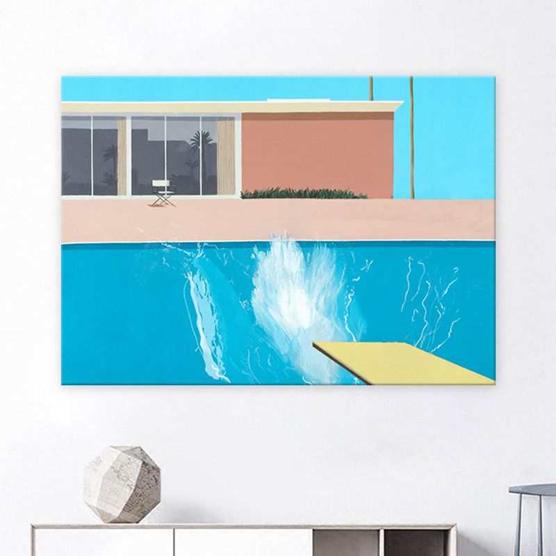 Building Wall Art Print Modern Relaxing Swimming Pool Wrapped Canvas in Blue for Study Room