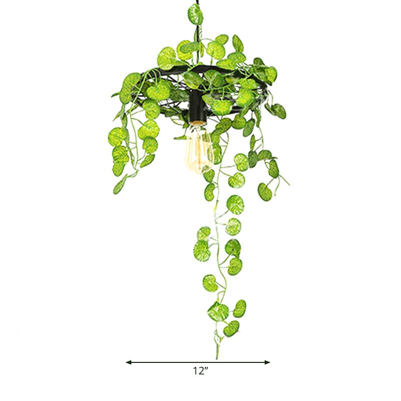 Retro Wagon Wheel Chandelier 1/3/6-Light Iron Hanging Pendant in Black with Decorative Plant