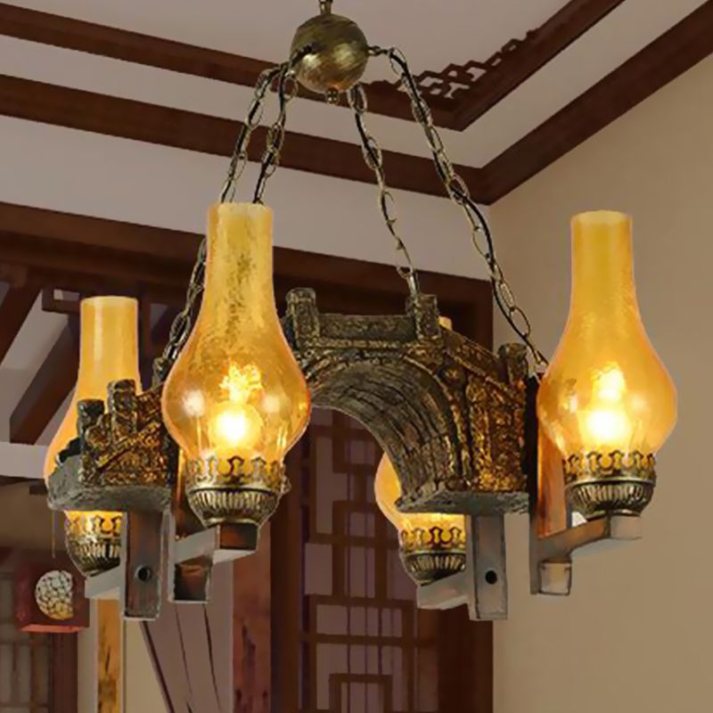 Vase Kitchen Chandelier Pendant Light Vintage Amber Crackle Glass 4 Lights Bronze Drop Lamp